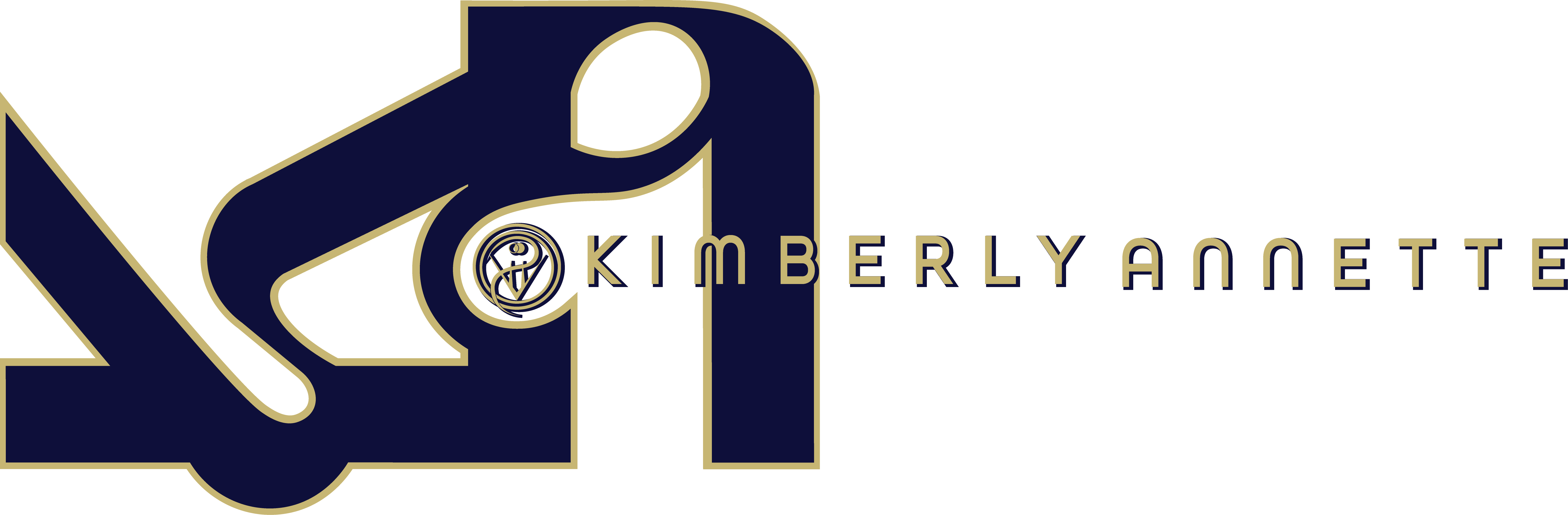 Kimberly Annette horizontal logo Kimberly Annette horizontal logo Navy blue and gold trim KA with mark meaning truth is found outside the wheel of time