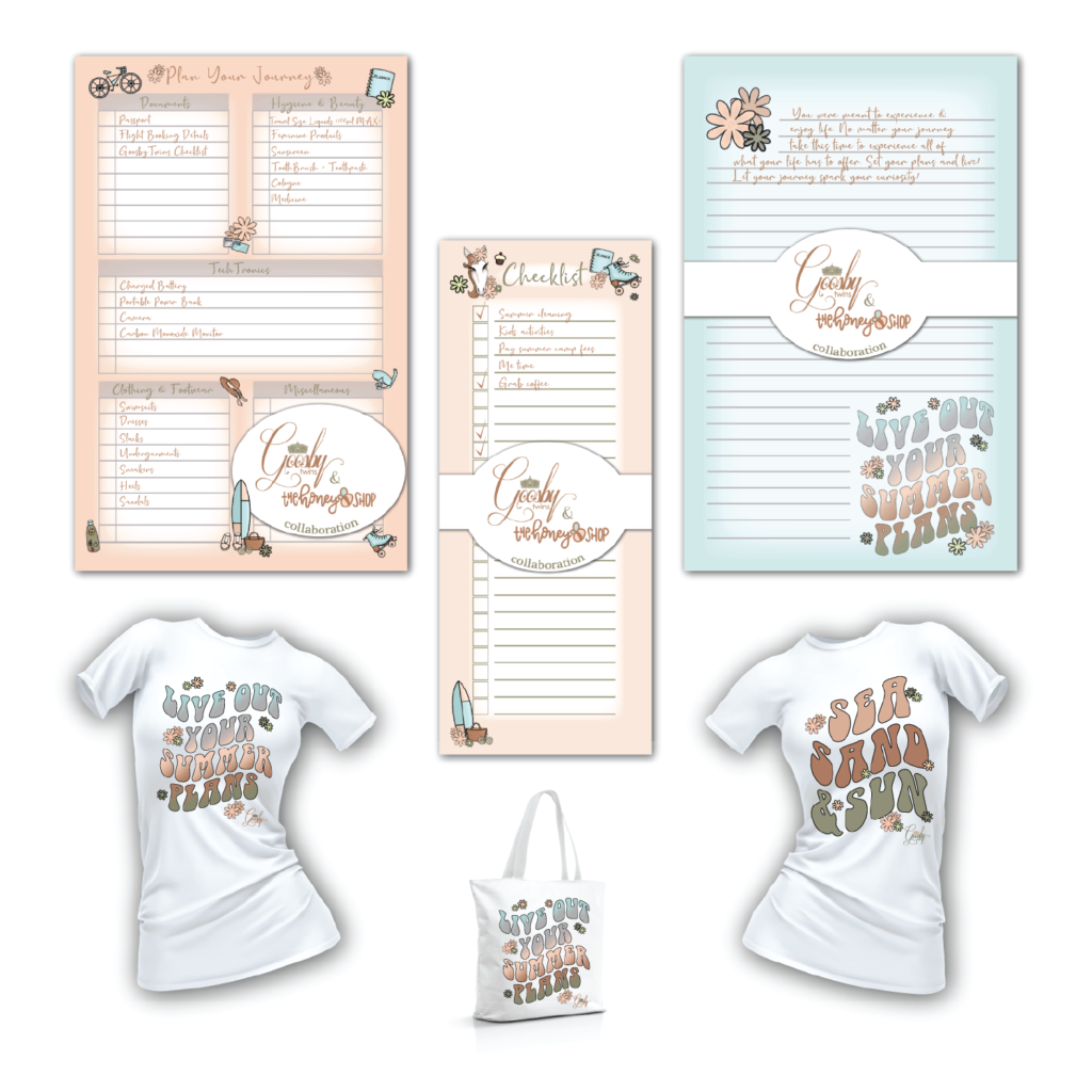 Client: Goosby Twins - Summer Collection, Travel Planner, Checklist pad, notepad, t-shirts and tote bag