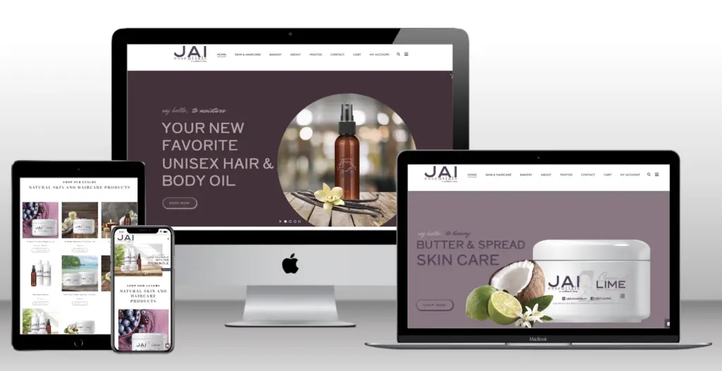 Image of client: Jai Essentias' website including desktop, laptop, tablet, and mobile