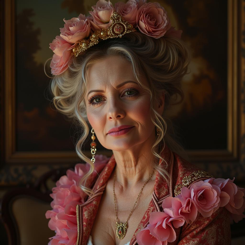 AI created an image of Kimberly Annette as the Queen in a royal, jeweled crown, and pink roses adoring hair and dress.