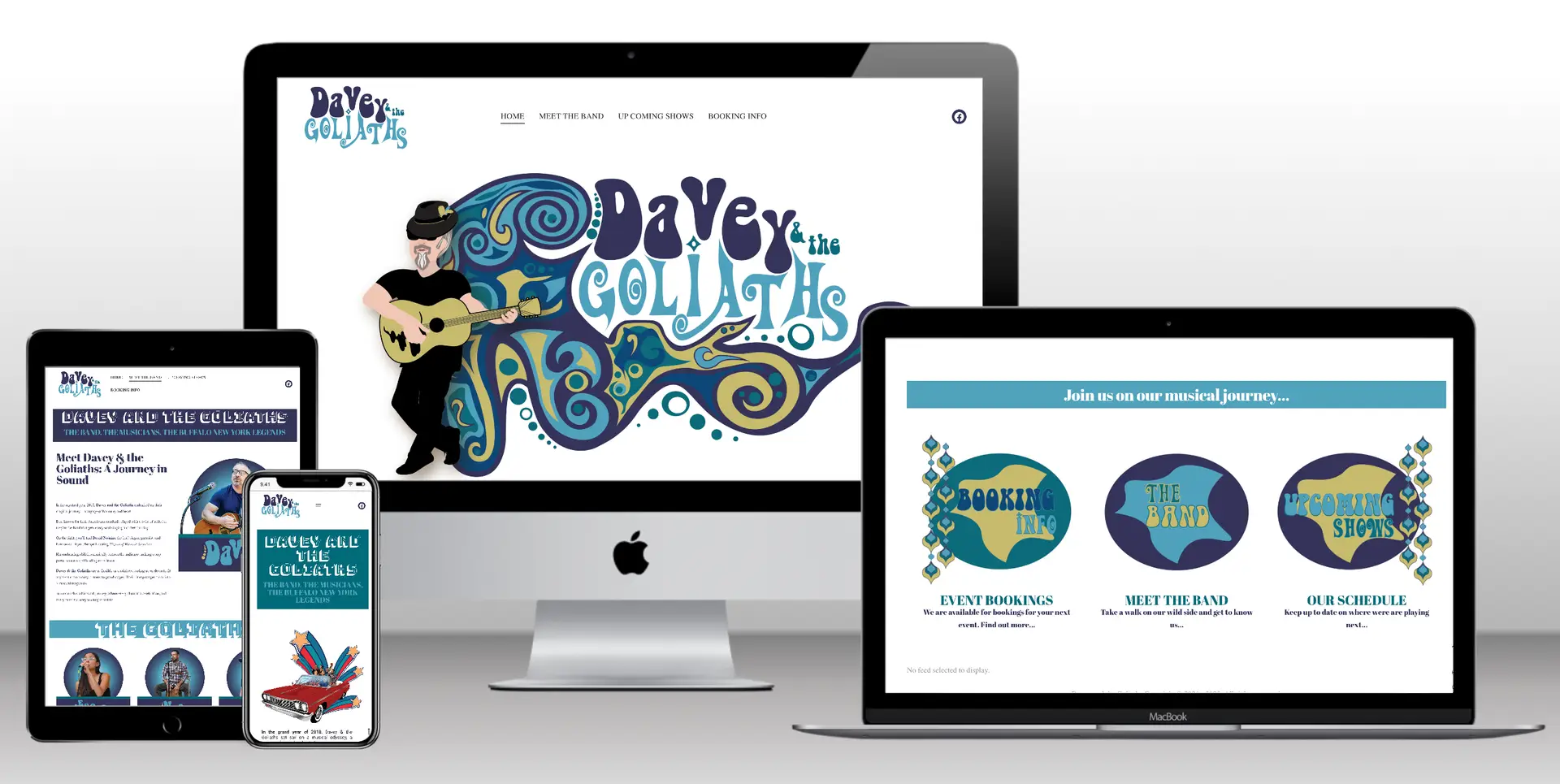 Image of client: Davey and the Goliaths website including desktop, laptop, tablet, and mobile