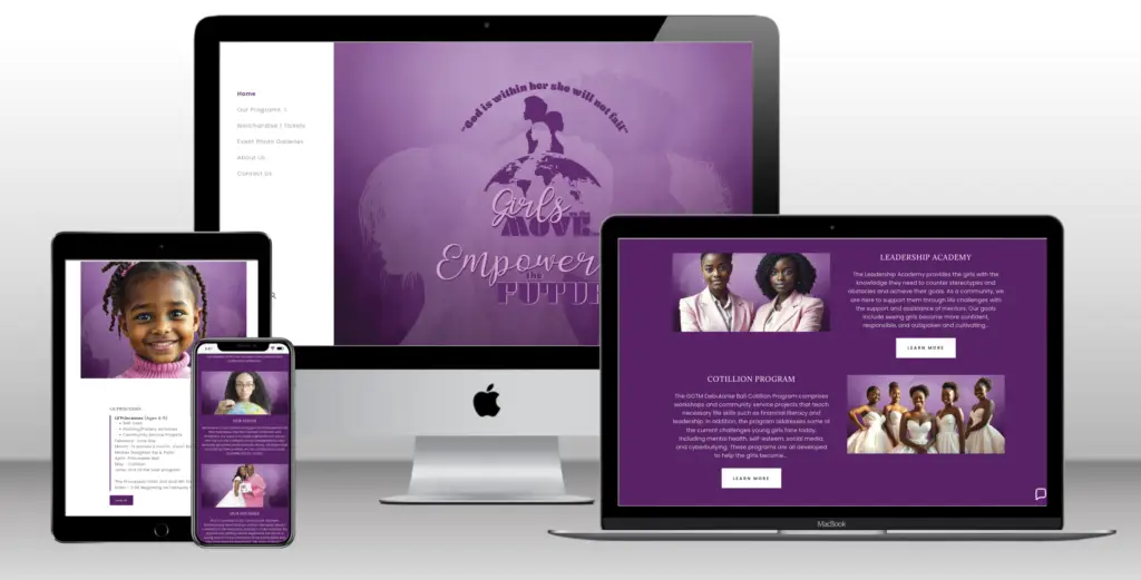Image of client: Girls on the Move, website including desktop, laptop, tablet, and mobile