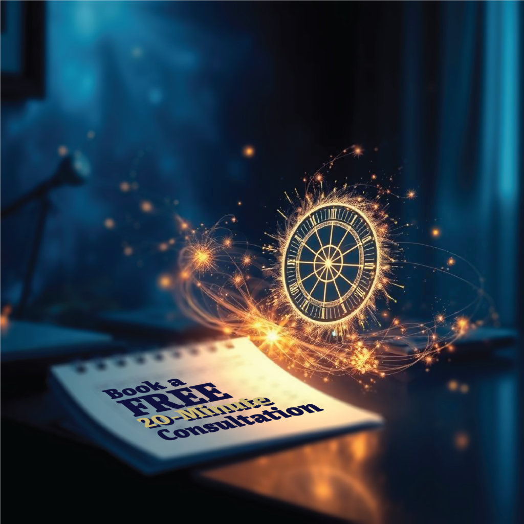 ai generated image of steampunk concept wheel of time sparks, calendar for book a free 20-minute consutation