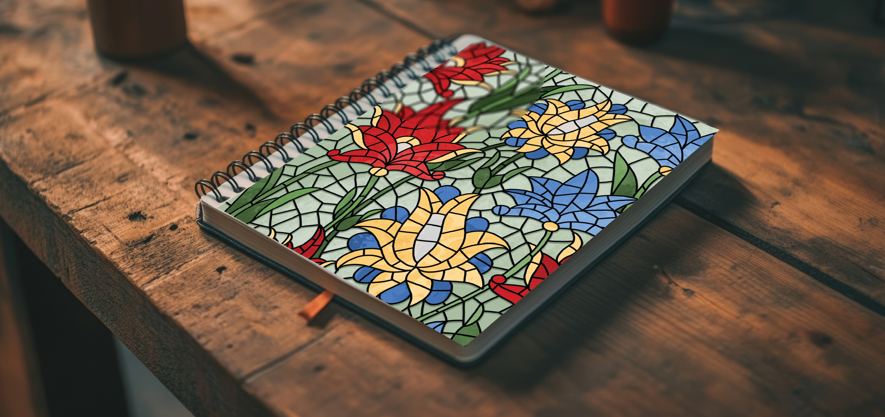 Client: Goosby Twins - Stainglass Flower planner cover with planner on desk