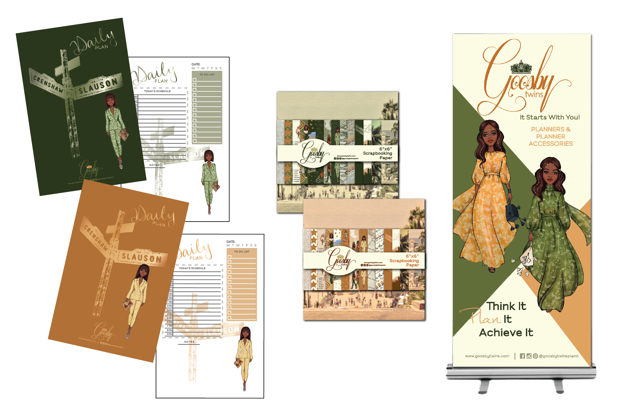 Client: Goosby Twins - Tradeshow banner with retractable banner, Los Angeles Daily planner and scrapbook paper