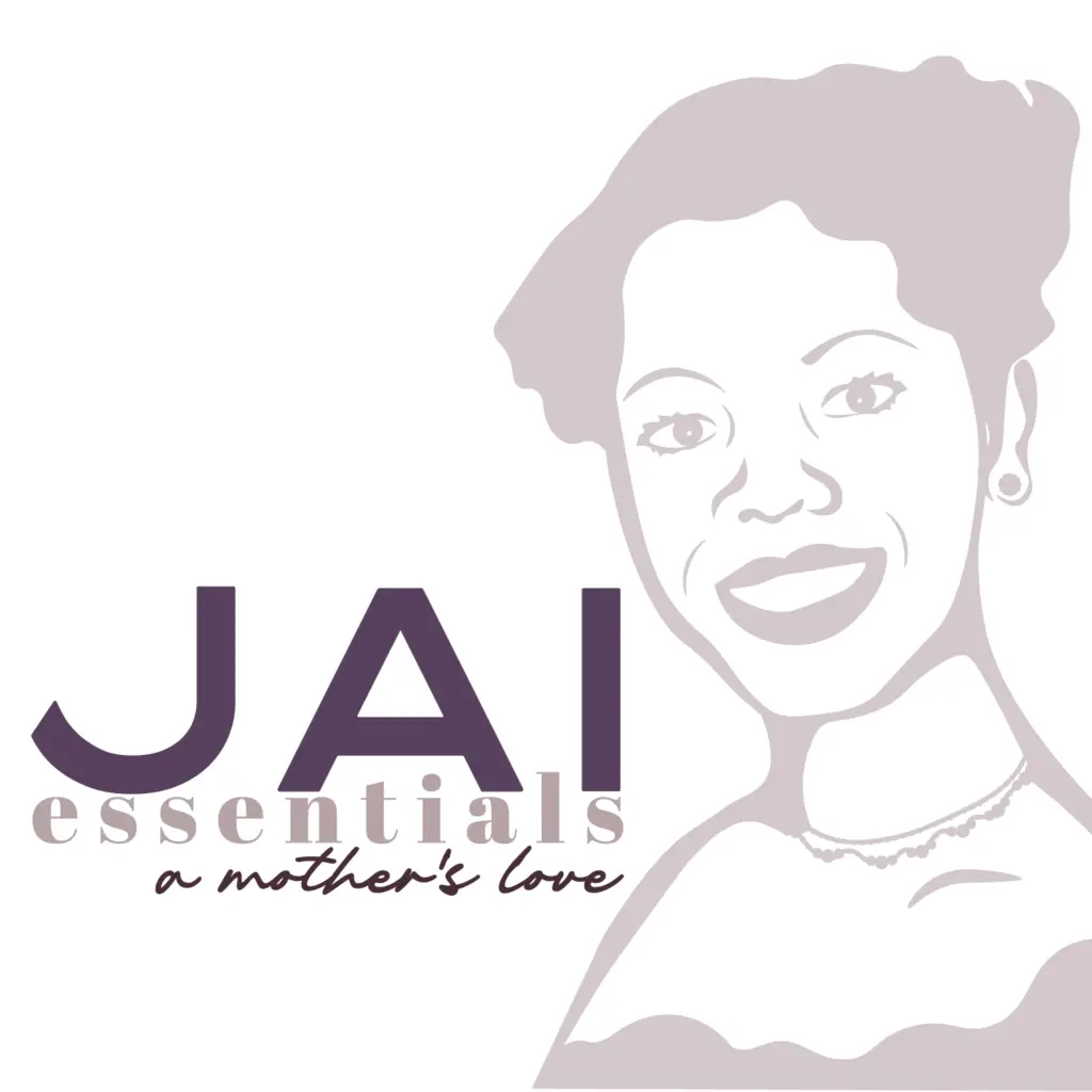 Client brand logo 1 Jai Essentials - text: JAI essentials tagline: a mother's love vector image of client's mother in brand color