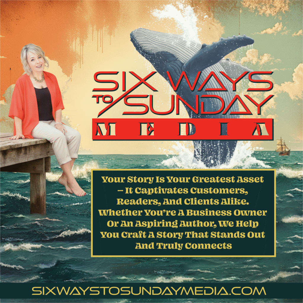 Six Ways to Sunday Media - Annette is sitting the dock with a blue whale in the background